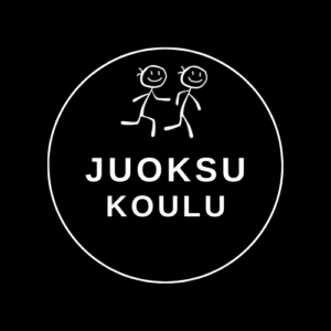 Juoksukoulun logo, jossa lapset juoksevat.
