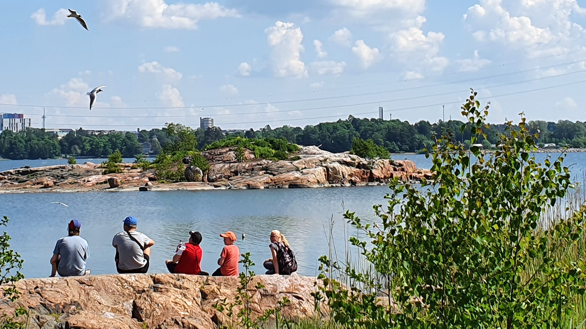 Tervetuloa Perheiden luontokerhoon piknikille ja lampaita silittämään. Kuvassa ihmisiä istumassa kalliolla kesäisessä luonnossa.