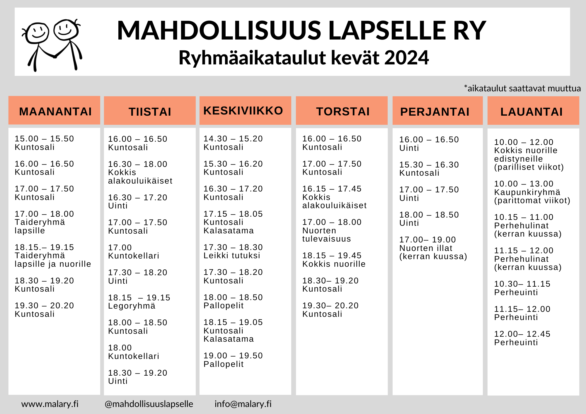 Kevät 2024 ryhmien aikataulu