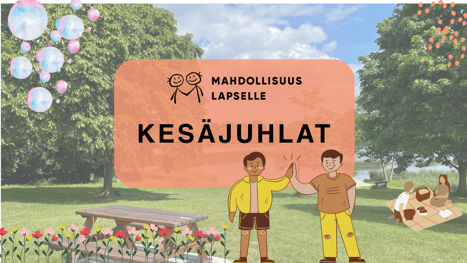 Tervetuloa juhlimaan kanssamme harrastuskauden päättymistä Kesäjuhlaan. Kaksi piirroshahmoa kesäisessä puistossa.