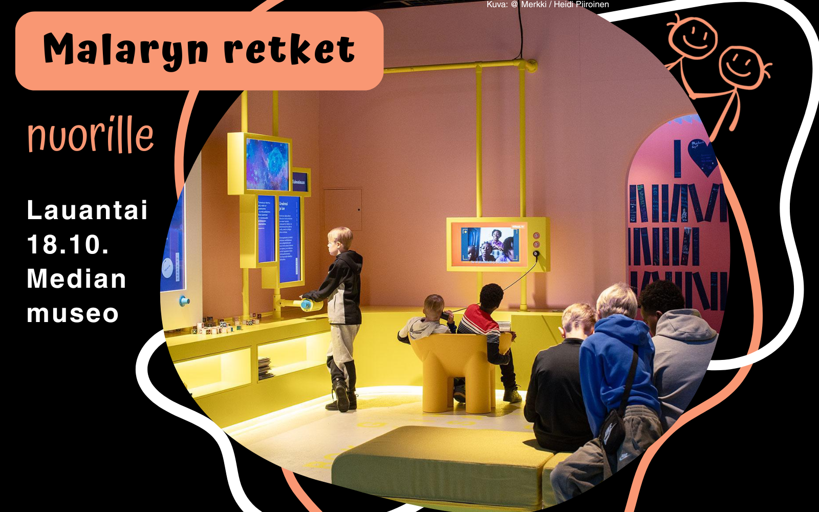 Malaryn retket nuorille s25 MedianMuseo tk(1600 x 1000 px) Malaryn nuorten retki suuntaa Median museoon. Mustalla pohjalla kuva, jossa nuoria Malaryn retkellä.