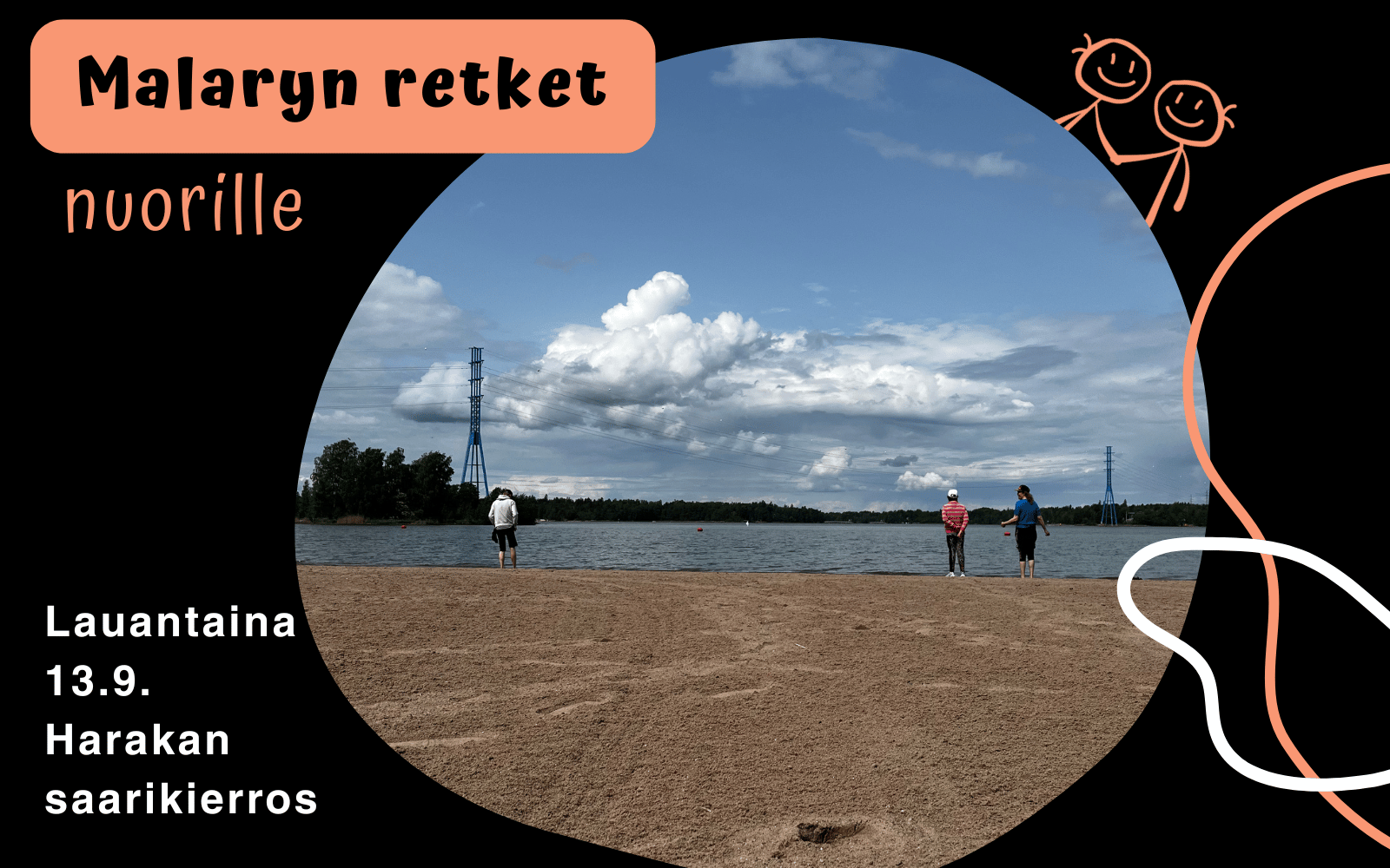 Nuorten retket jatkuvat. Mustalla pohjalla kuva, jossa nuoria Malaryn retkellä.