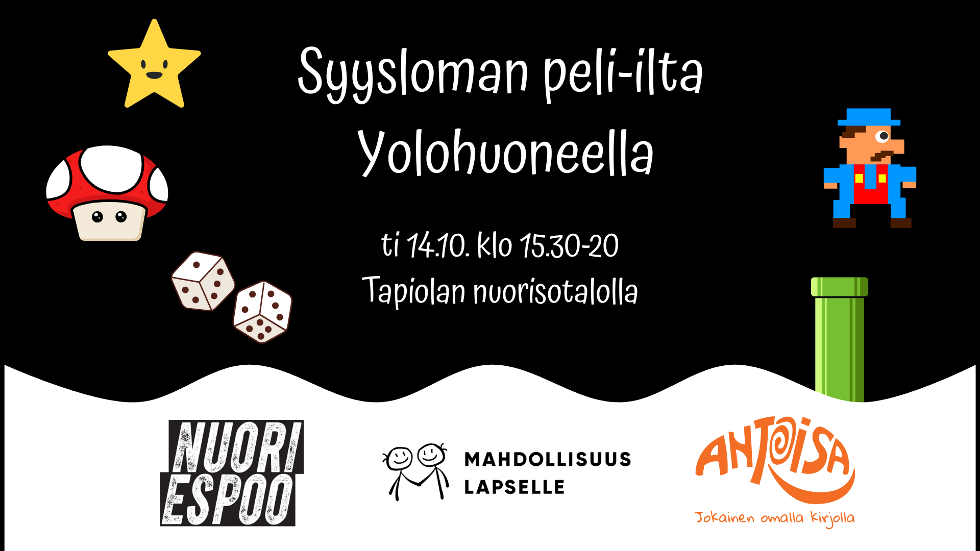 Malaryn ja Yolohuoneen peli-ilta nuorille syyslomalla 14.10. kello 15.30-20. Mustalla pohjalla peli-aiheisia hahmoja.