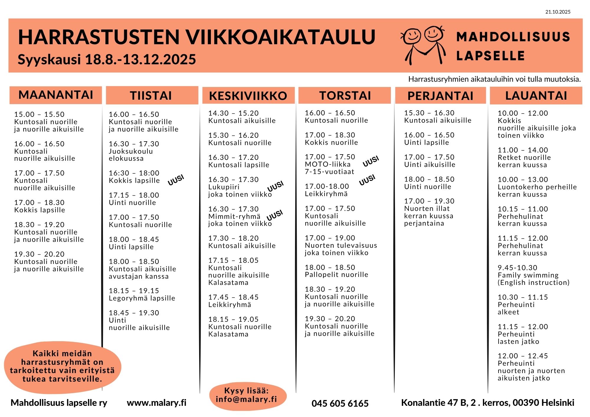 Harrastusten viikkoaikataulu syyskaudella 2025 erityistä tukea tarvitseville.