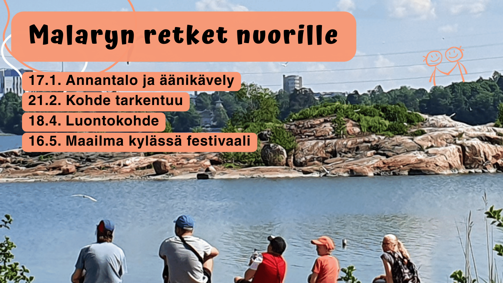 Malaryn retket nuorille jatkuvat keväällä. Nuoria istumassa kalliolla kesäisessä maisemassa.