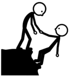 Henkilö pitää toisen henkilön kädestä kiinni jyrkässä mäessä.