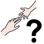 Kaksi kättä lähestyy toisiaan ja kysymysmerkki.
