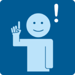 Selkokuva. Hymyilevä ihminen etusormi pystyssä ja huutomerkki