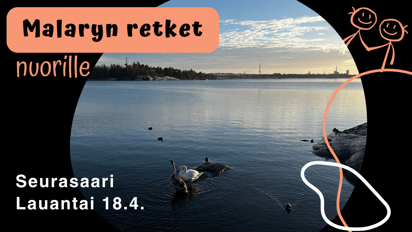 Malaryn retket nuorille. Seurasaari lauantai 18.4. Tule nauttimaan keväisestä luonnosta Nuorten retkelle. Joutsenia uimassa meren rannalla.