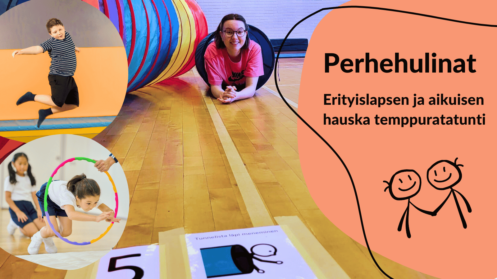 Perhehulinat. Erityislapsen ja aikuisen hauska temppuratatunti. Iloinen nainen katsoo kameraan liikuntasalissa. Lapsia liikkumassa eri tavoilla.