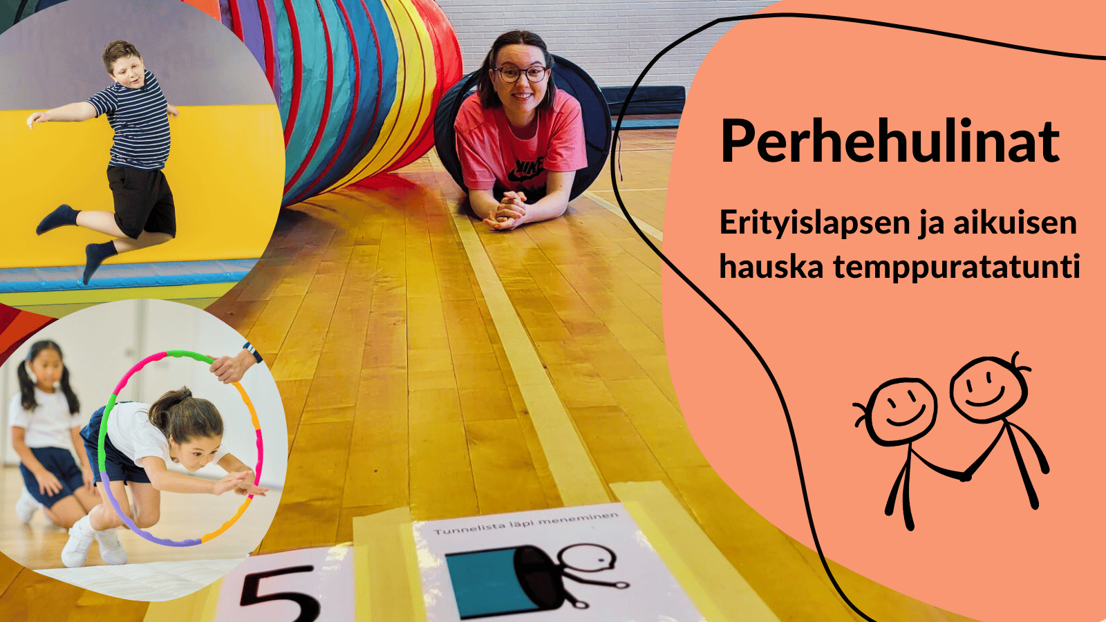 Perhehulinat. Erityislapsen ja aikuisen hauska temppuratatunti. Iloinen nainen katsoo kameraan liikuntasalissa. Lapsia liikkumassa eri tavoilla.