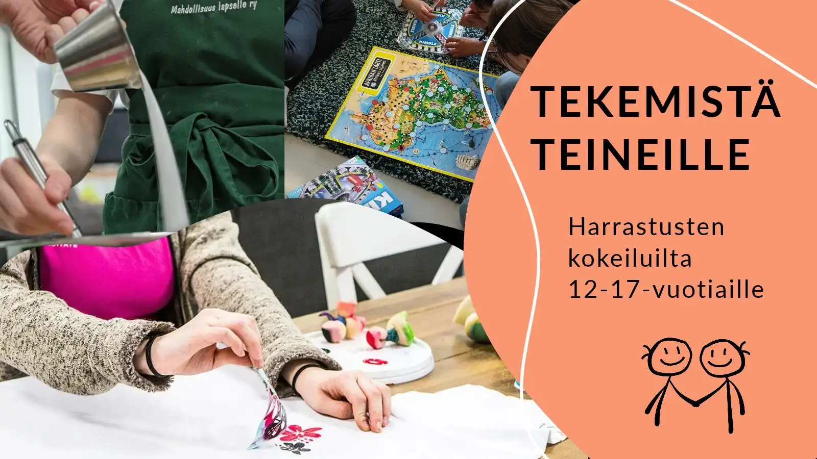 Tekemistä teineille -ilta. Tule tutustumaan erityistä tukea tarvitsevien nuorten harrastuksiin. Erilaisia harrastuksia kollaasikuvassa.