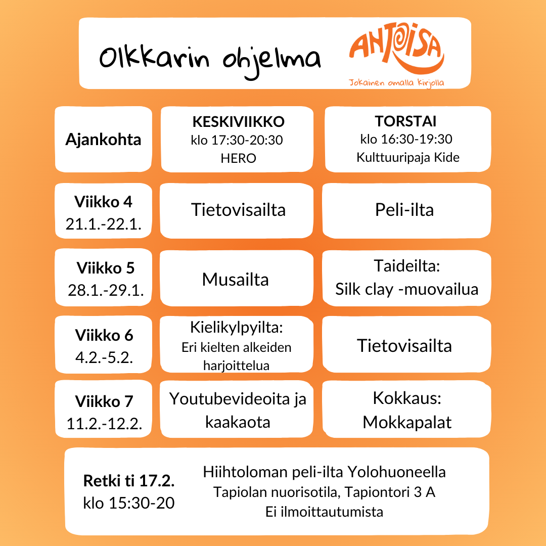 olkkari ohjelma tammikuu Olkkarit jatkuvat tammikuussa 2026. Keskiviikkona 21.1. Herossa ja torstaina 22.1. Kulttuuripaja Kiteellä.
