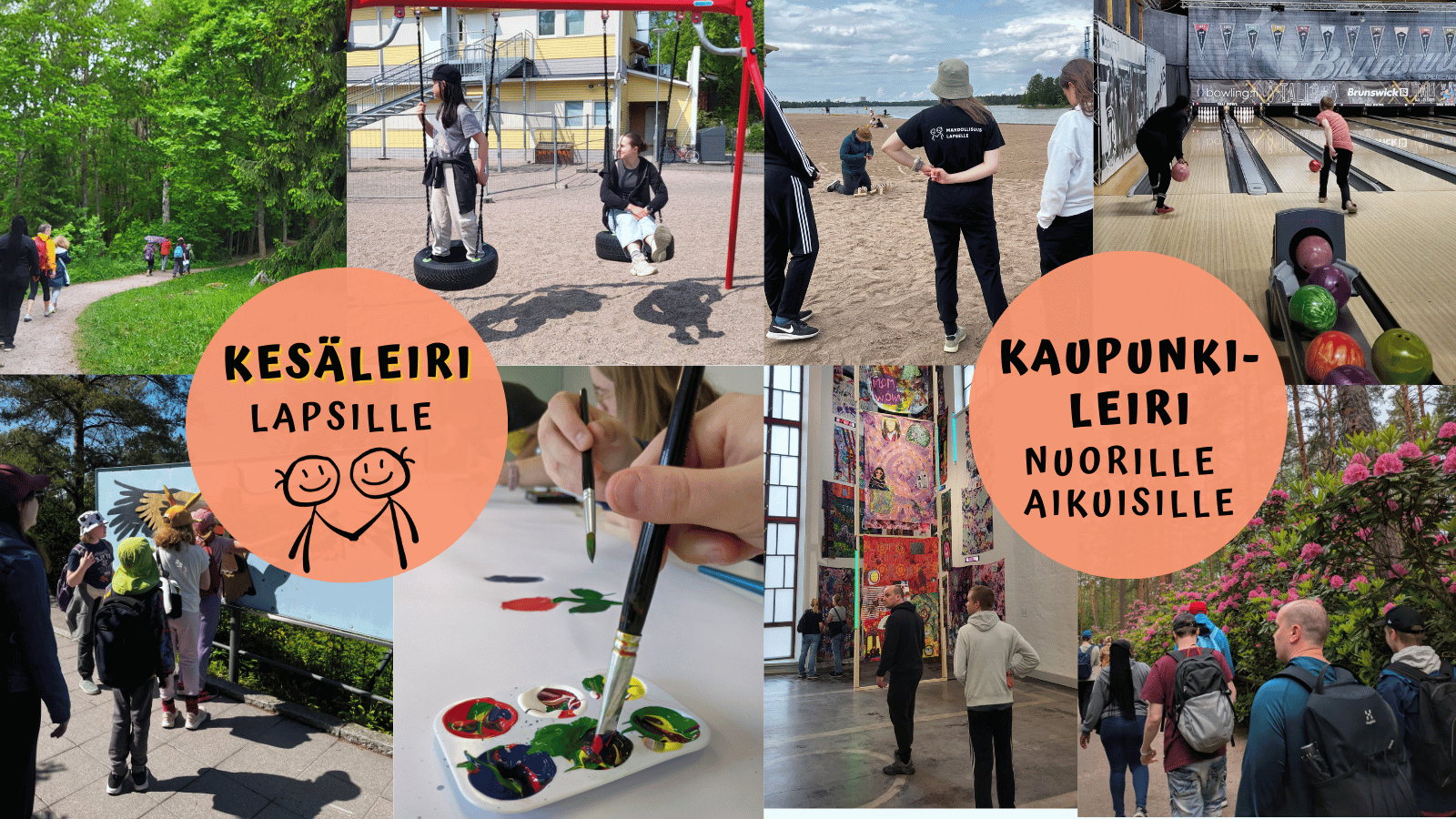 Malaryn kesäleirit erityistä tukea tarvitseville. Kesäleiri lapsille ja Kaupunkileiri nuorille aikuisille. Nuoria ja lapsia kesäisissä puuhissa.