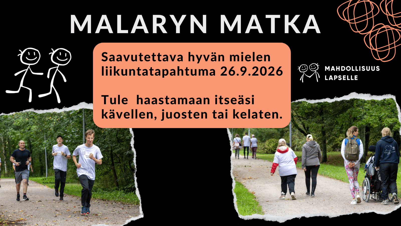 Saavutettava hyvänmielen liikuntatapahtuma Malaryn matka 2026. Kävelijöitä, juoksijoita ja pyörätuolikelaaja vehreällä liikuntareitillä.