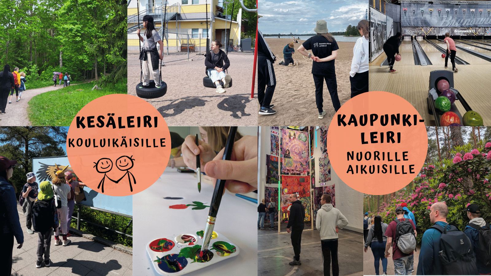 Kesäleirit kouluikäisille ja nuorille aikuisille. Ihmisiä kesäisissä maisemissa ja tutustumassa ei kohteisiin,