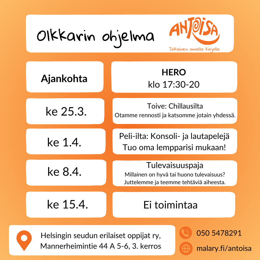 olkkari ohjelma 26 (4) Olkkarin ohjelma. 25.3. Chillausilta. 1.4. Peli-ilta, konsoli- ja lautapelejä. 8.4. Tulevaisuuspaja. 15.4. Ei toimintaa.