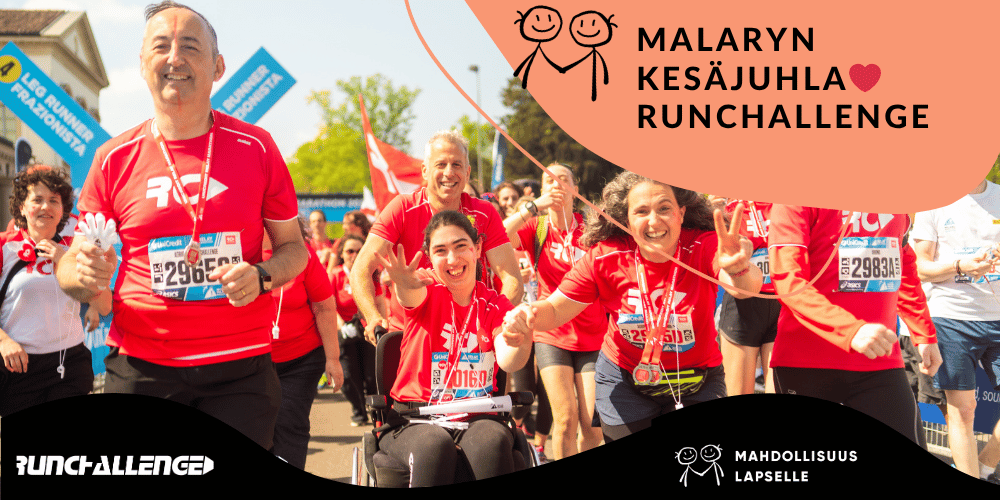 Tervetuloa RunChallenge aloitustapahtumaan ja Malaryn Kesäjuhlaan. Iloisia ihmisiä liikkumassa kävellen, juosten ja kelaten RunChallengen punaiset t-paidat päällä.