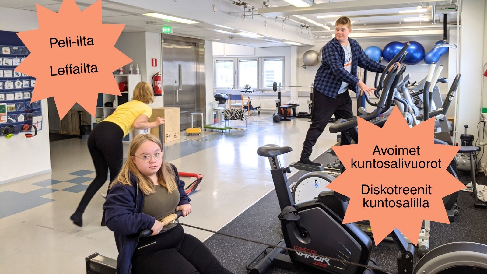 Kolme nuorta treenaamassa kuntosalilla. Mitä kivaa voit tehdä syyslomaviikolla. Oransseissa tähtikuvioissa tekstit Peli-ilta, Leffailta, Avoimet kuntosalivuorot ja Diskotreenit kuntosalilla.