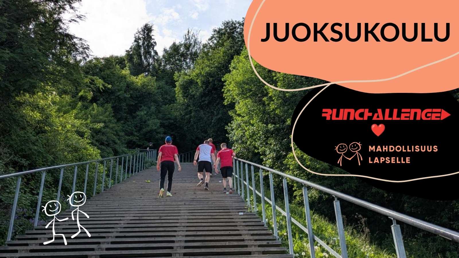 Juoksukoulu jatkaa treenaamista. RunChallenge ja Mahdollisuus lapselle. Kuntoportaiden yläpäässä punapaitaisia ihmisiä.