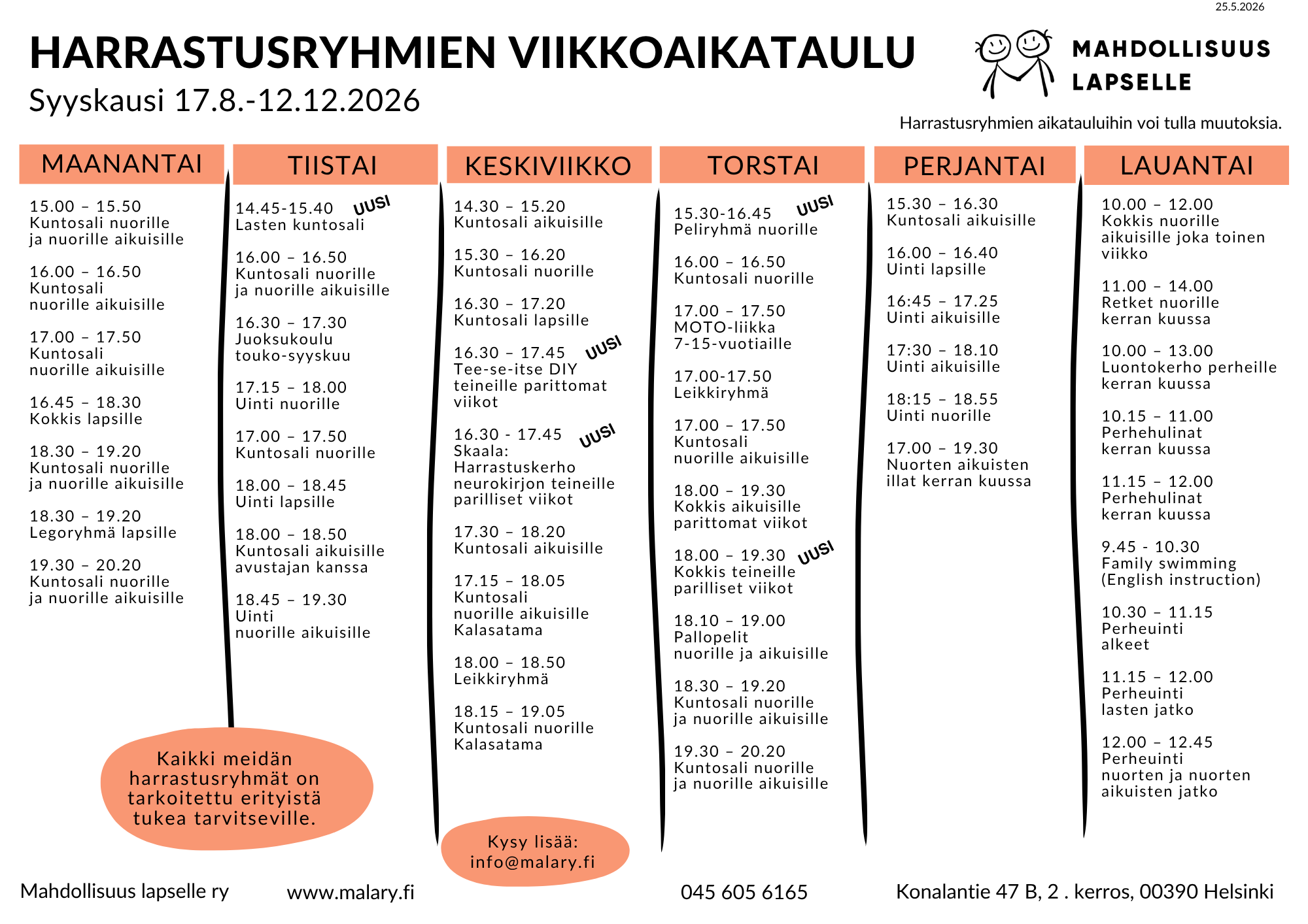 Harrastusryhmien viikkoaikataulu syksy 2026 Harrastusryhmien viikkoaikataulu 2026