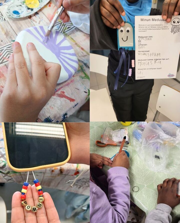 Neljä kuvaa, joissa näkyy oma sävy klubin askarteluja sekä lasten käsiä. Ensimmäisessa kuvassa maalataan violetilla savilautasta. Toisessa kuvassa esitellään paperi ja heijastin. Kolmannessa esitellään helmistä tehty kännykkäkoru. Neljännessä kuvassa kaksi lasta askartelee ja piirtää.
