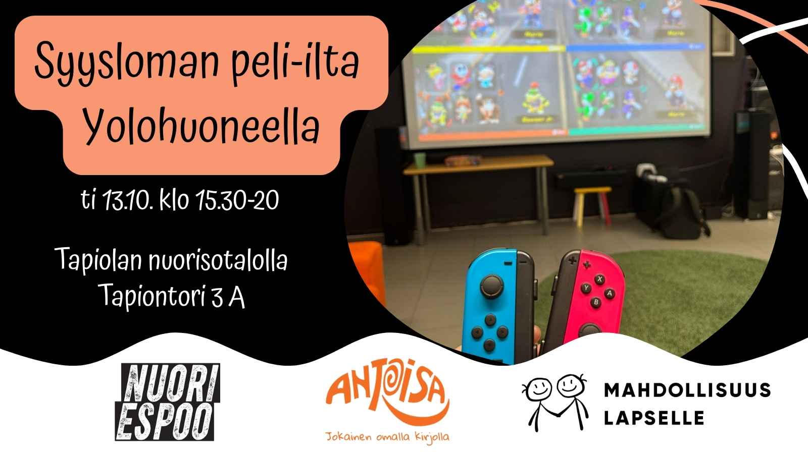 Malaryn ja Yolohuoneen yhteinen nuorten peli-ilta. Kaksi peliohjainta ruutujen edessä.