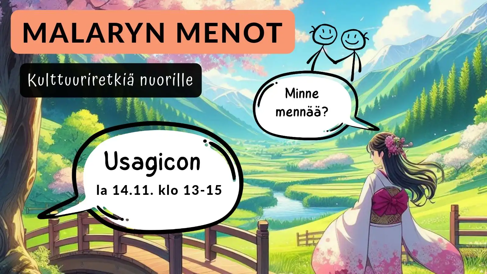 Malaryn menot. Kulttuuriretkiä nuorille. Japanilaistyylinen piirroskuva maisemasta ja naisesta takaapäin.